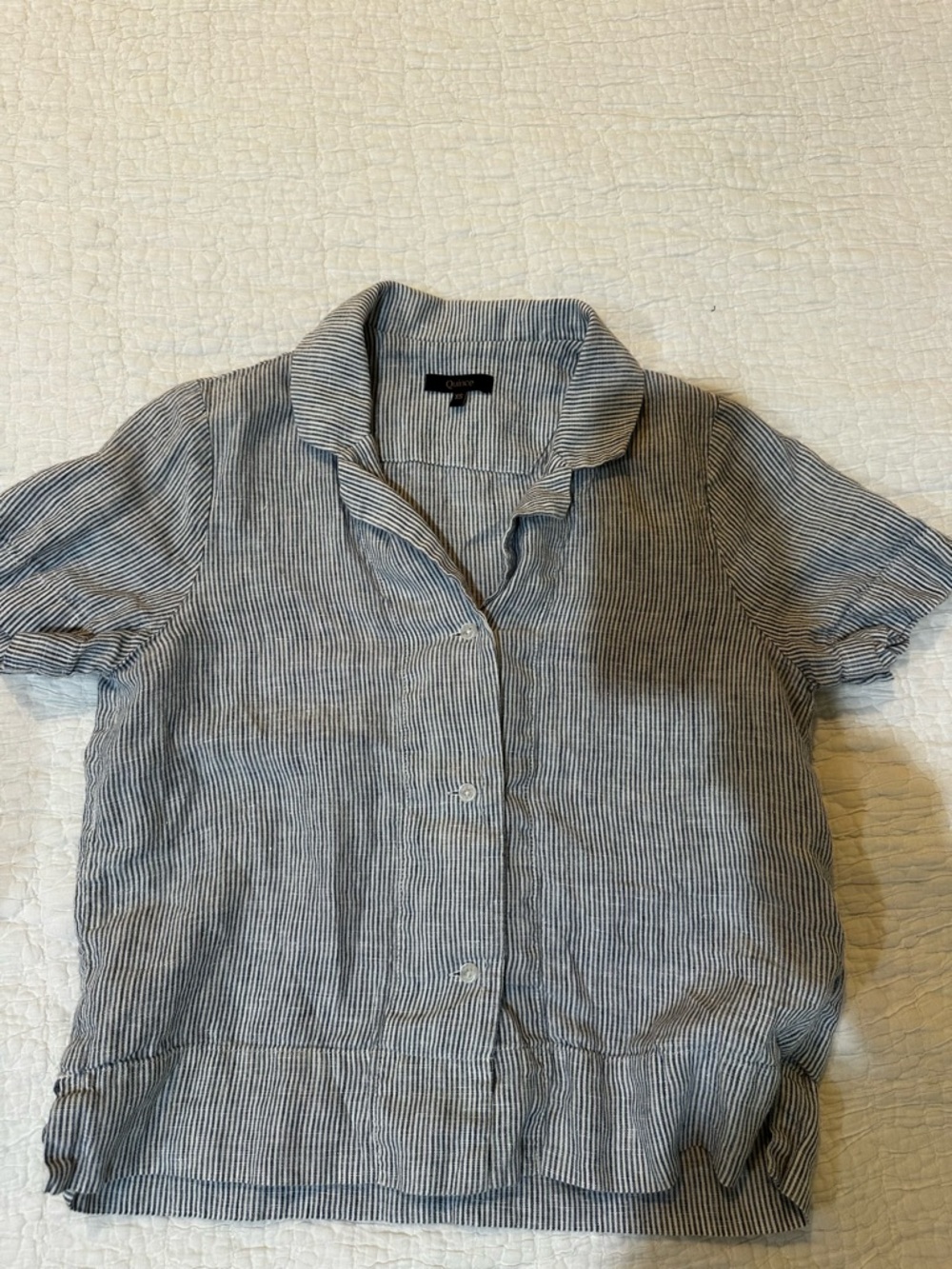 Quince Striped Short-Sleeve Button-Up — Navy and White